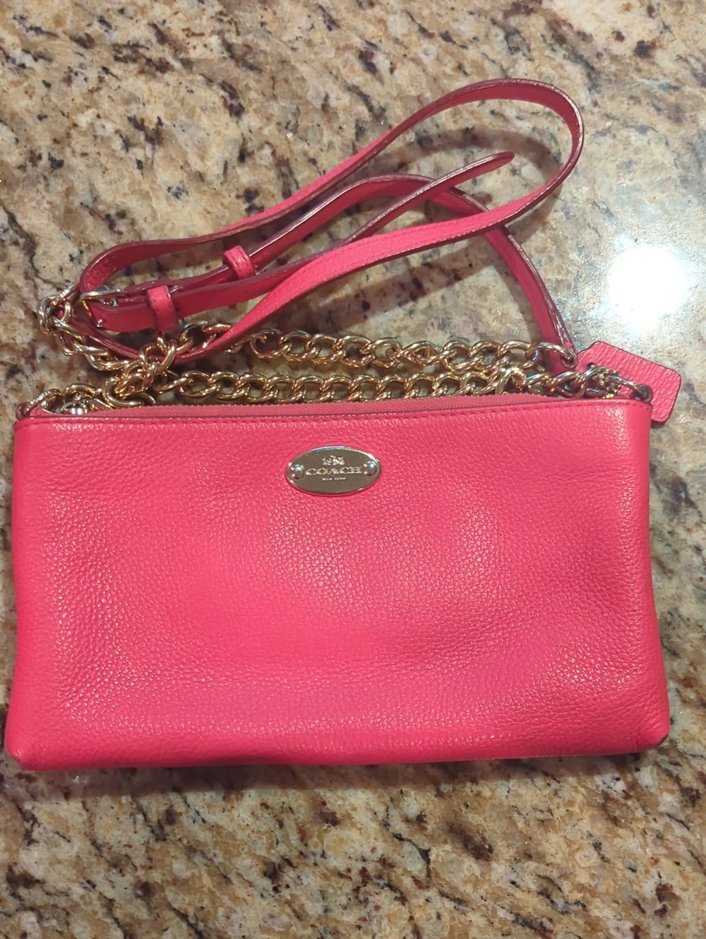 Coach Hot Pink Pebbled Leather Crossbody with Gold Chain